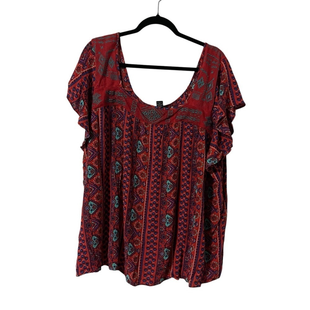 Torrid Plus Size 4 Red and Teal Flutter Sleeve Blouse Embroidery Boho Flowy